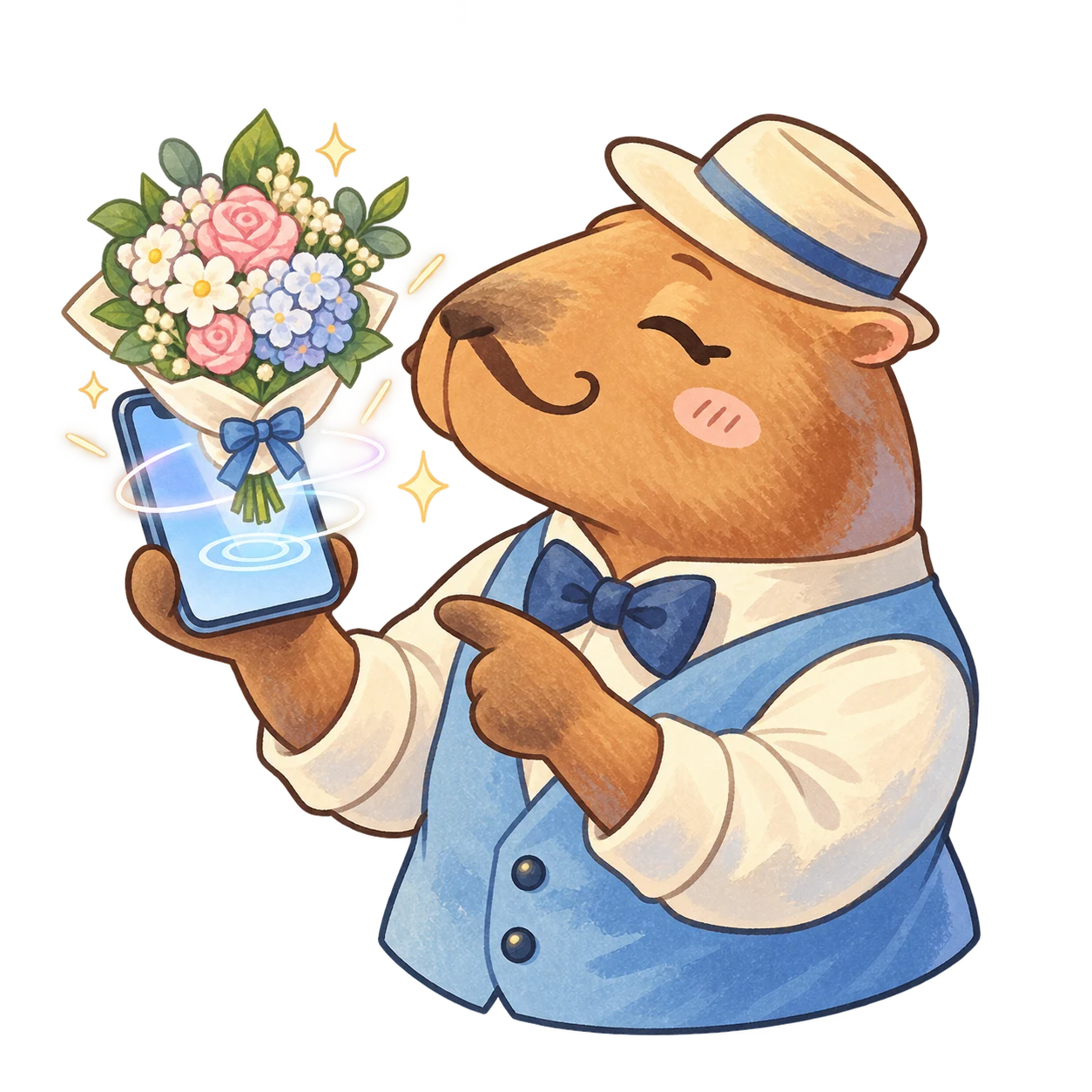 Mascot Capybahoa dùng điện thoại để xem thử bó hoa bằng AR
